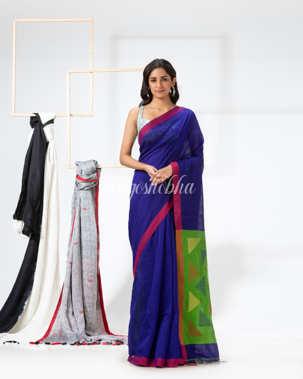 Royel Blue Cotton Blend Festive Jamdani Saree angoshobha