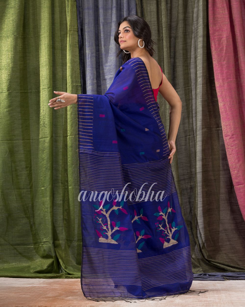 Royel Blue Cotton Blend Traditional Jamdani Saree angoshobha