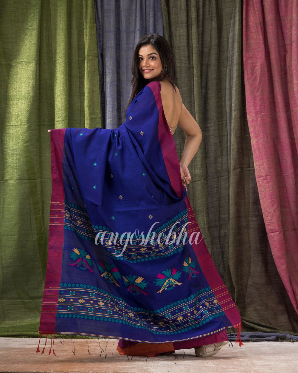 Royel Blue Cotton Blend Traditional Jamdani Saree angoshobha