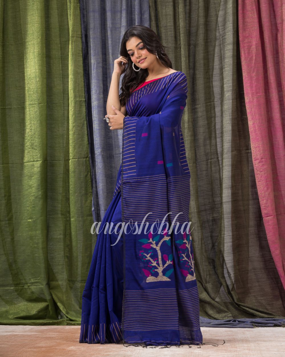 Royel Blue Cotton Blend Traditional Jamdani Saree angoshobha