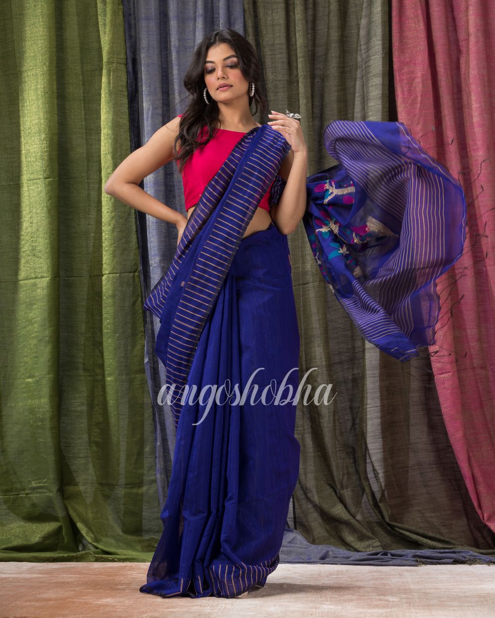 Royel Blue Cotton Blend Traditional Jamdani Saree angoshobha