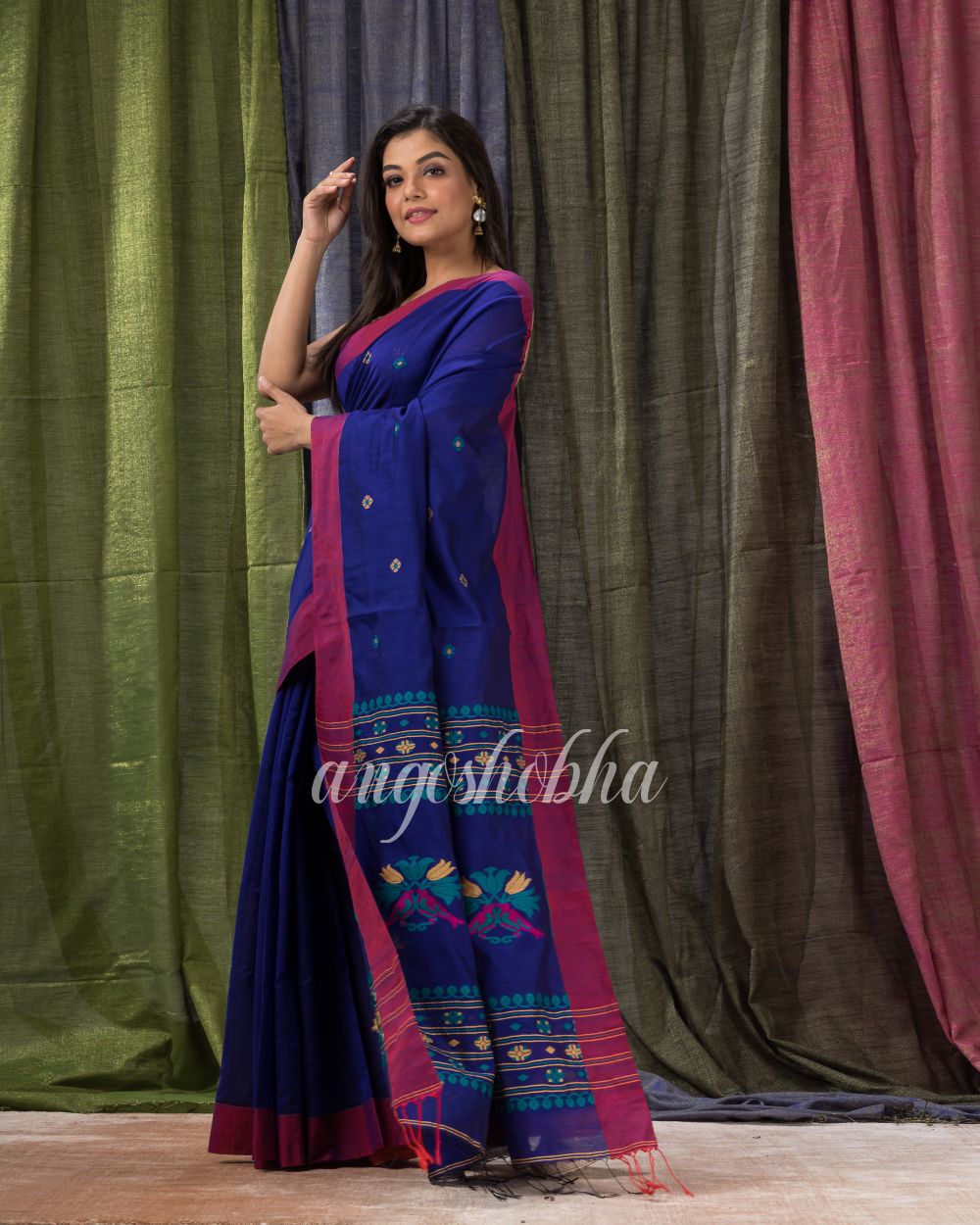 Royel Blue Cotton Blend Traditional Jamdani Saree angoshobha