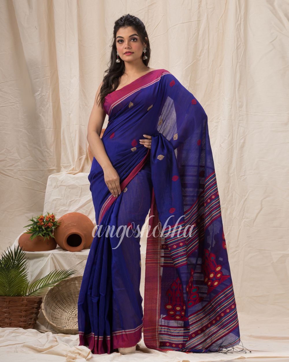 Royel Blue Cotton Blend Traditional Jamdani Saree angoshobha