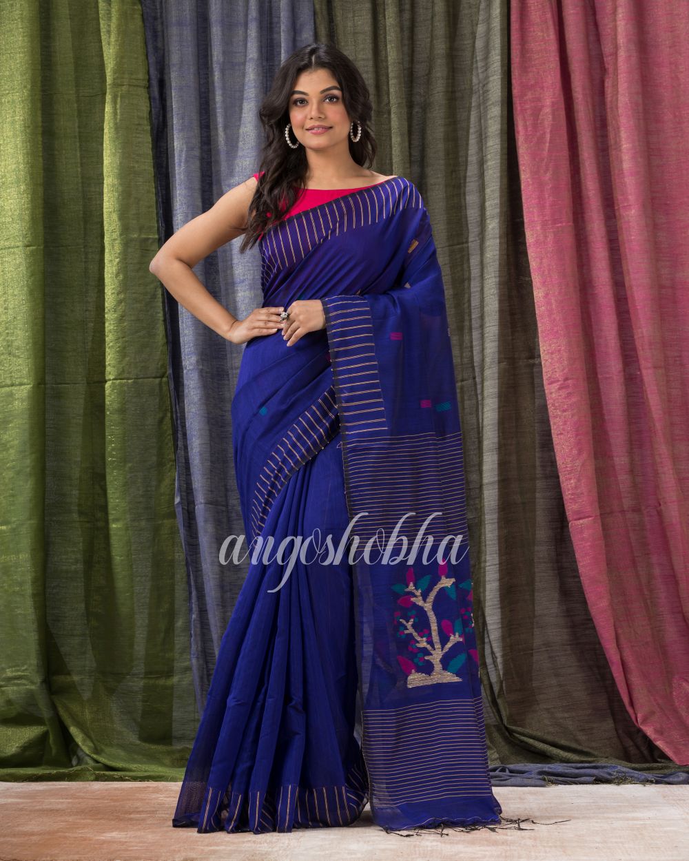 Royel Blue Cotton Blend Traditional Jamdani Saree angoshobha