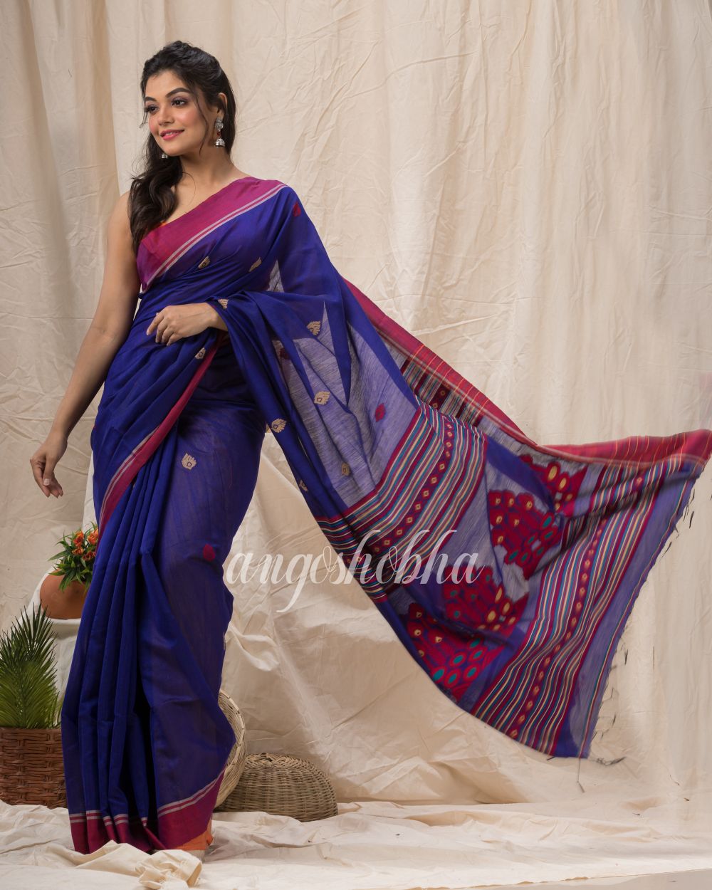 Royel Blue Cotton Blend Traditional Jamdani Saree angoshobha