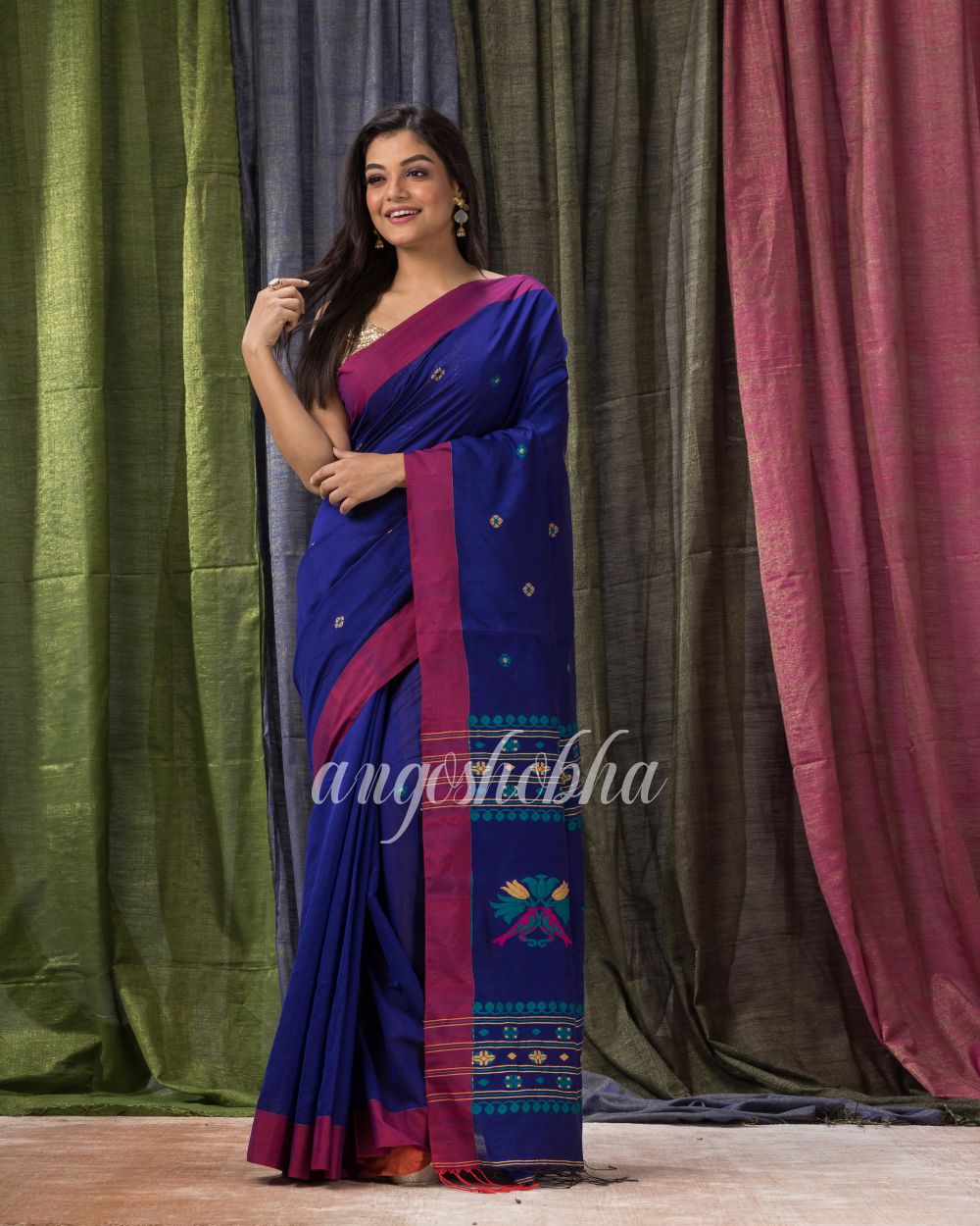 Royel Blue Cotton Blend Traditional Jamdani Saree angoshobha