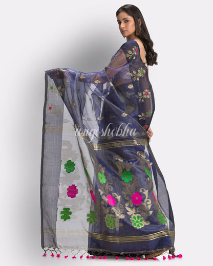 Royen Blue Art Silk Muslin Handloom Jamdani Saree angoshobha