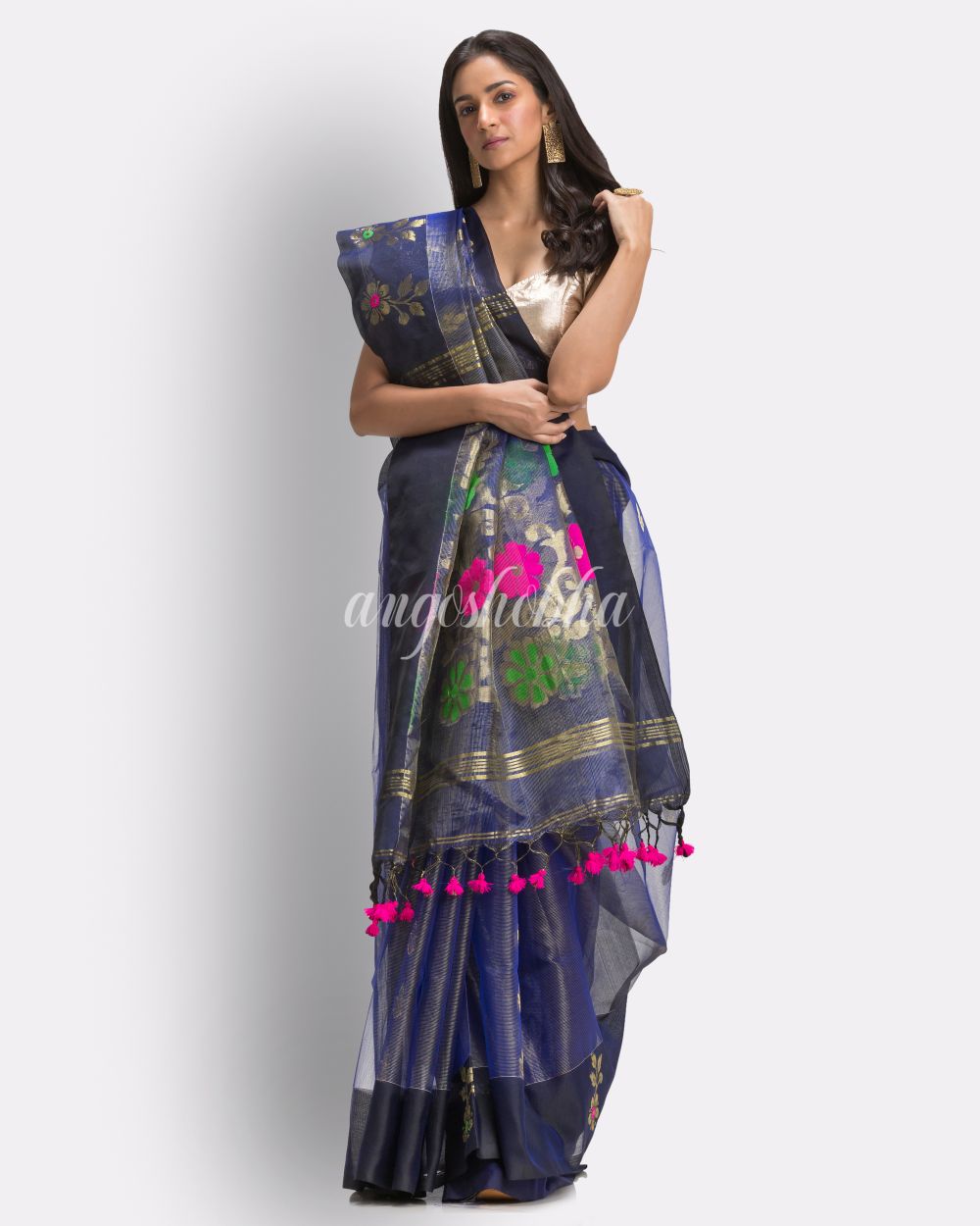 Royen Blue Art Silk Muslin Handloom Jamdani Saree angoshobha