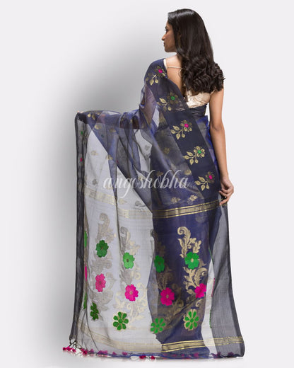 Royen Blue Art Silk Muslin Handloom Jamdani Saree angoshobha