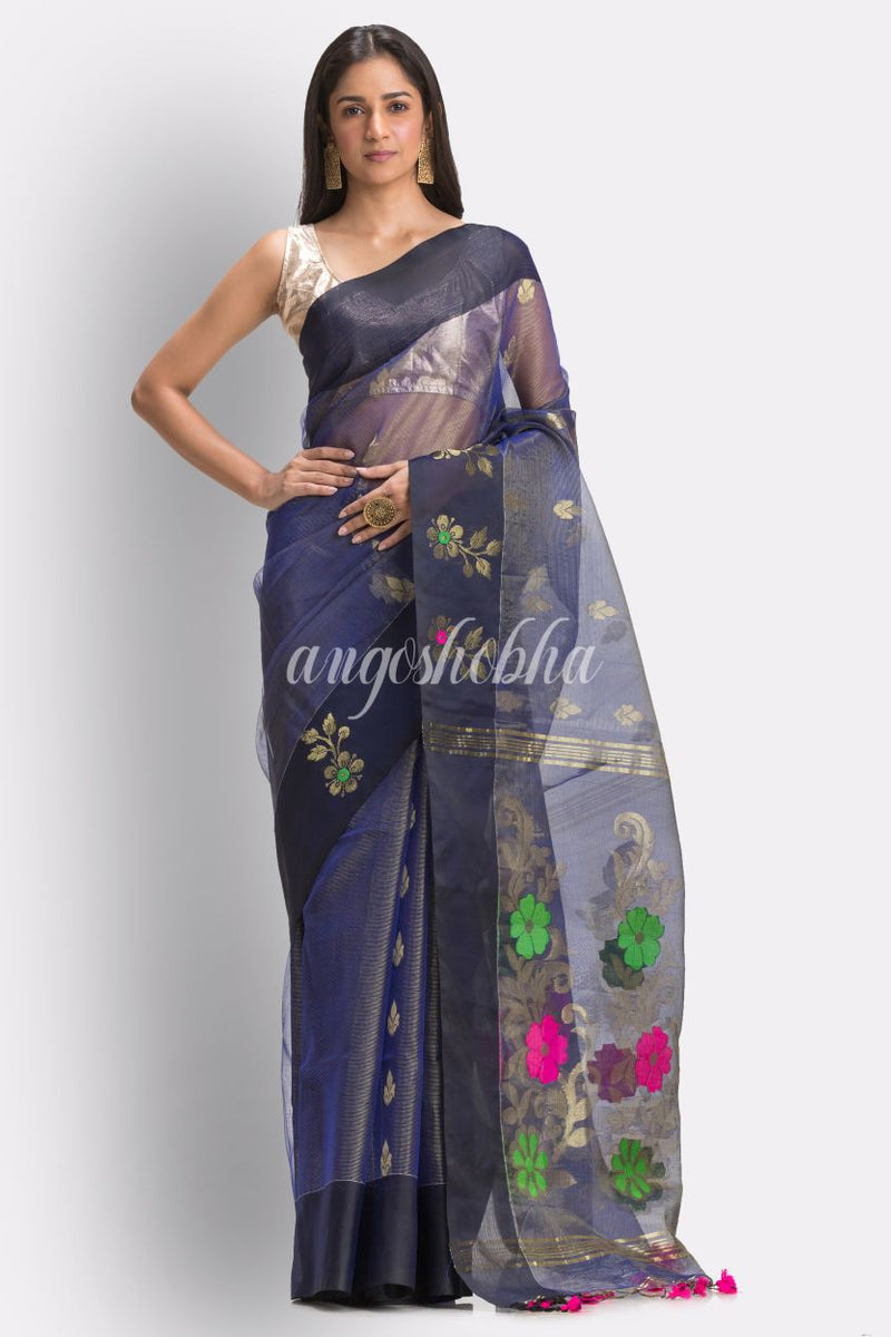 Royen Blue Art Silk Muslin Handloom Jamdani Saree