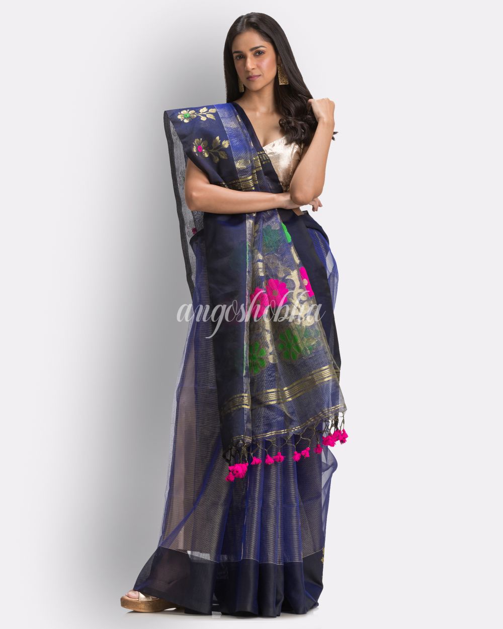 Royen Blue Art Silk Muslin Handloom Jamdani Saree angoshobha