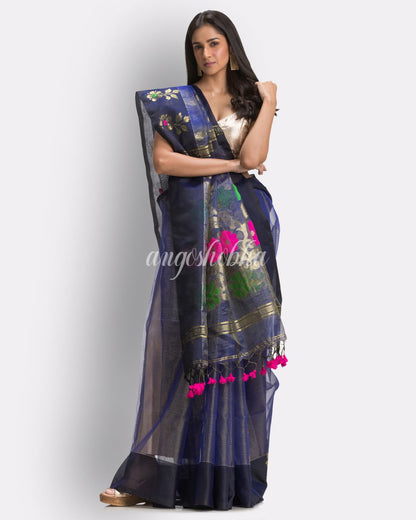 Royen Blue Art Silk Muslin Handloom Jamdani Saree angoshobha