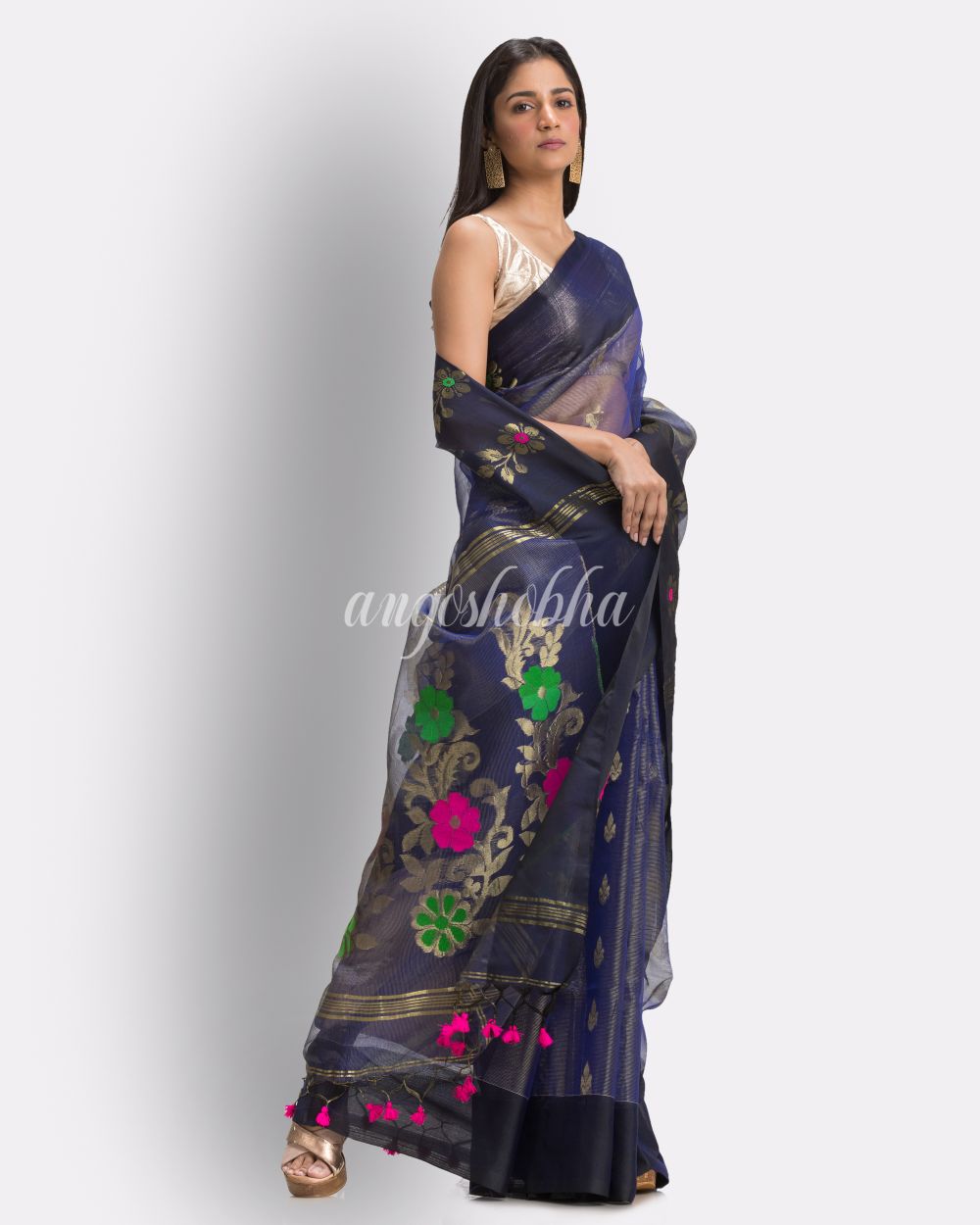 Royen Blue Art Silk Muslin Handloom Jamdani Saree angoshobha