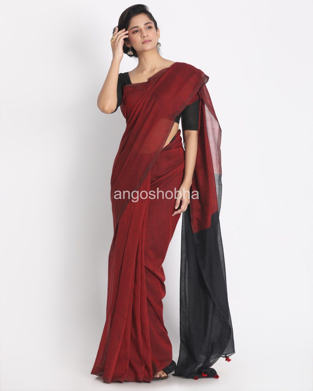 Rust brick handspan cotton handwoven saree angoshobha