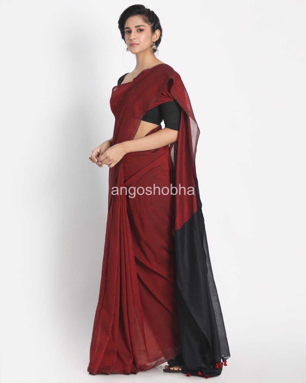 Rust brick handspan cotton handwoven saree angoshobha