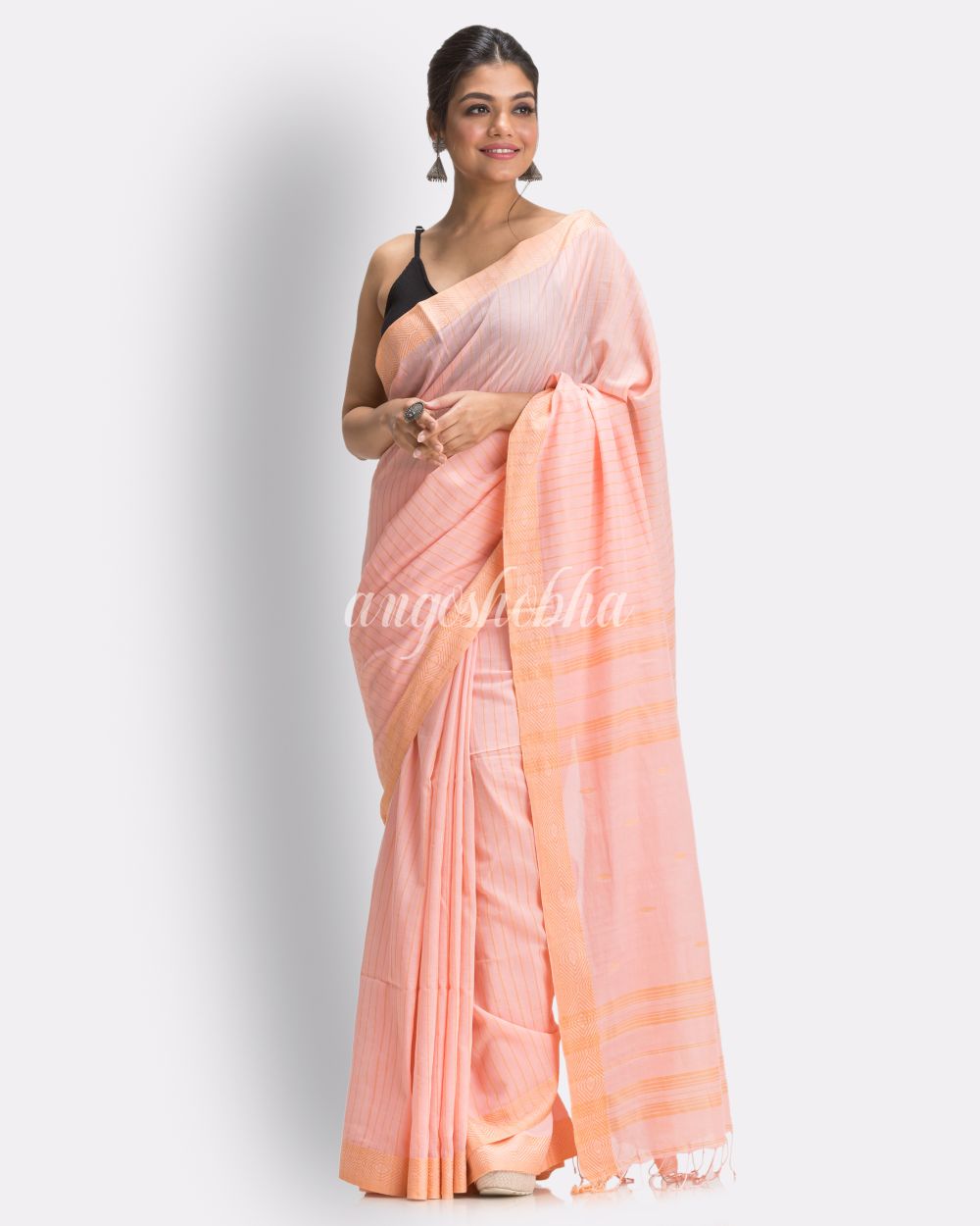 Salmon pink Handloom Traditional Cotton Tangail Saree angoshobha