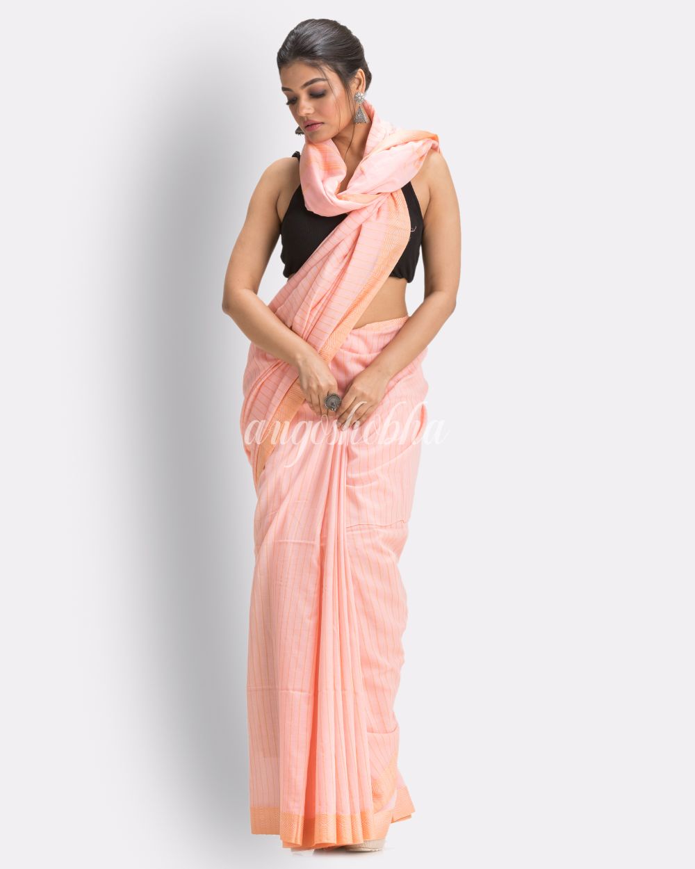 Salmon pink Handloom Traditional Cotton Tangail Saree angoshobha