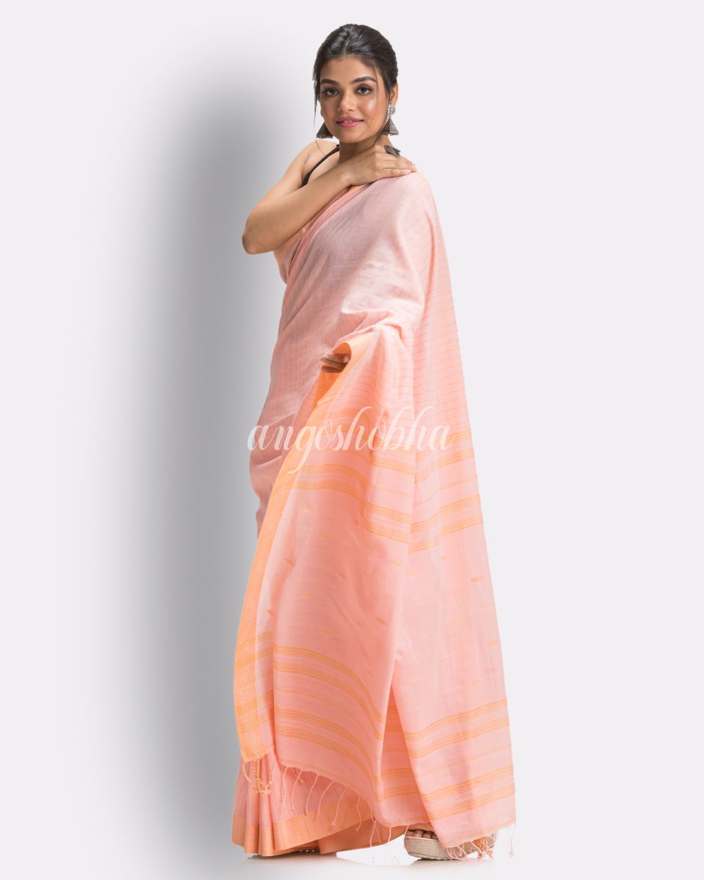 Salmon pink Handloom Traditional Cotton Tangail Saree angoshobha