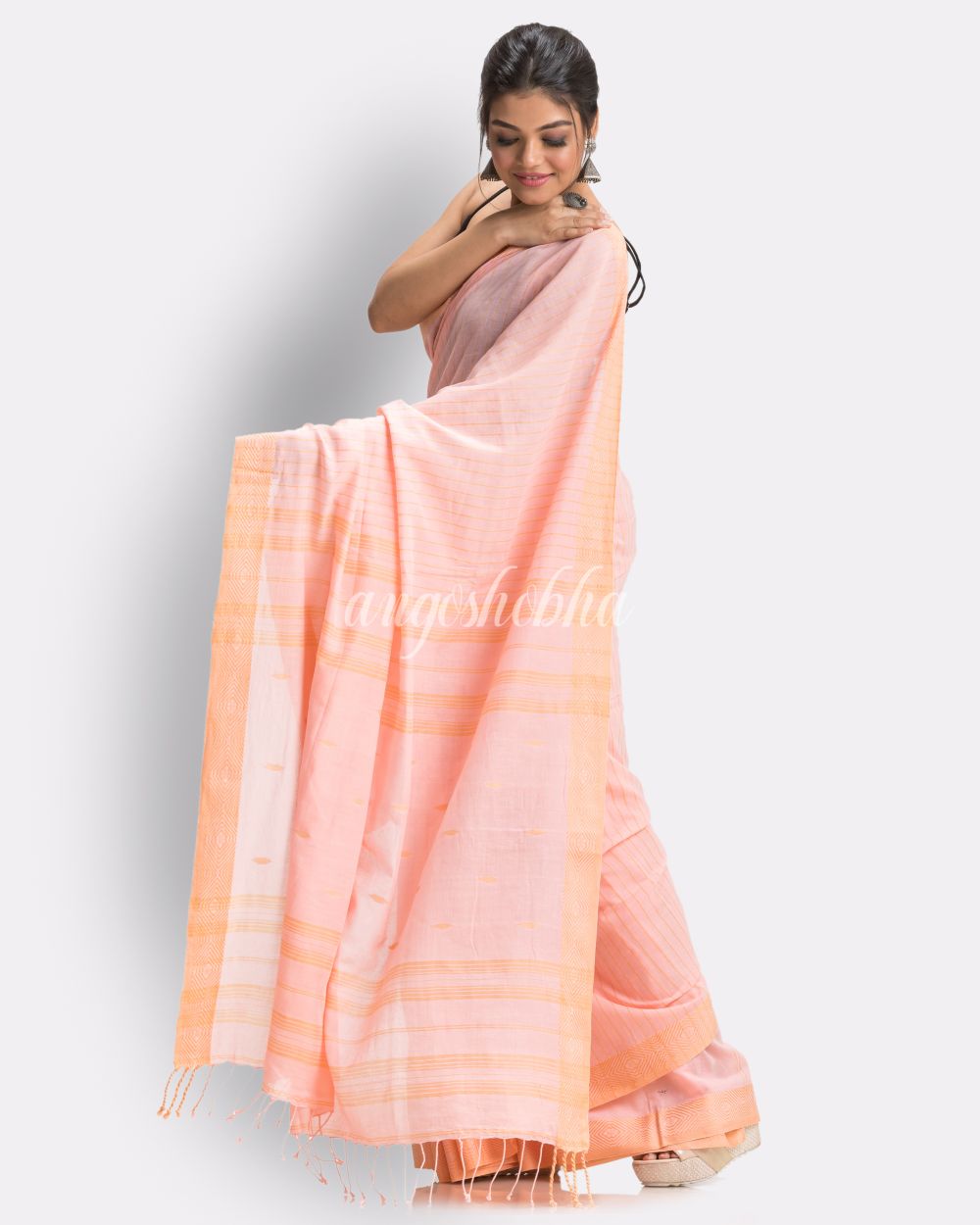 Salmon pink Handloom Traditional Cotton Tangail Saree angoshobha