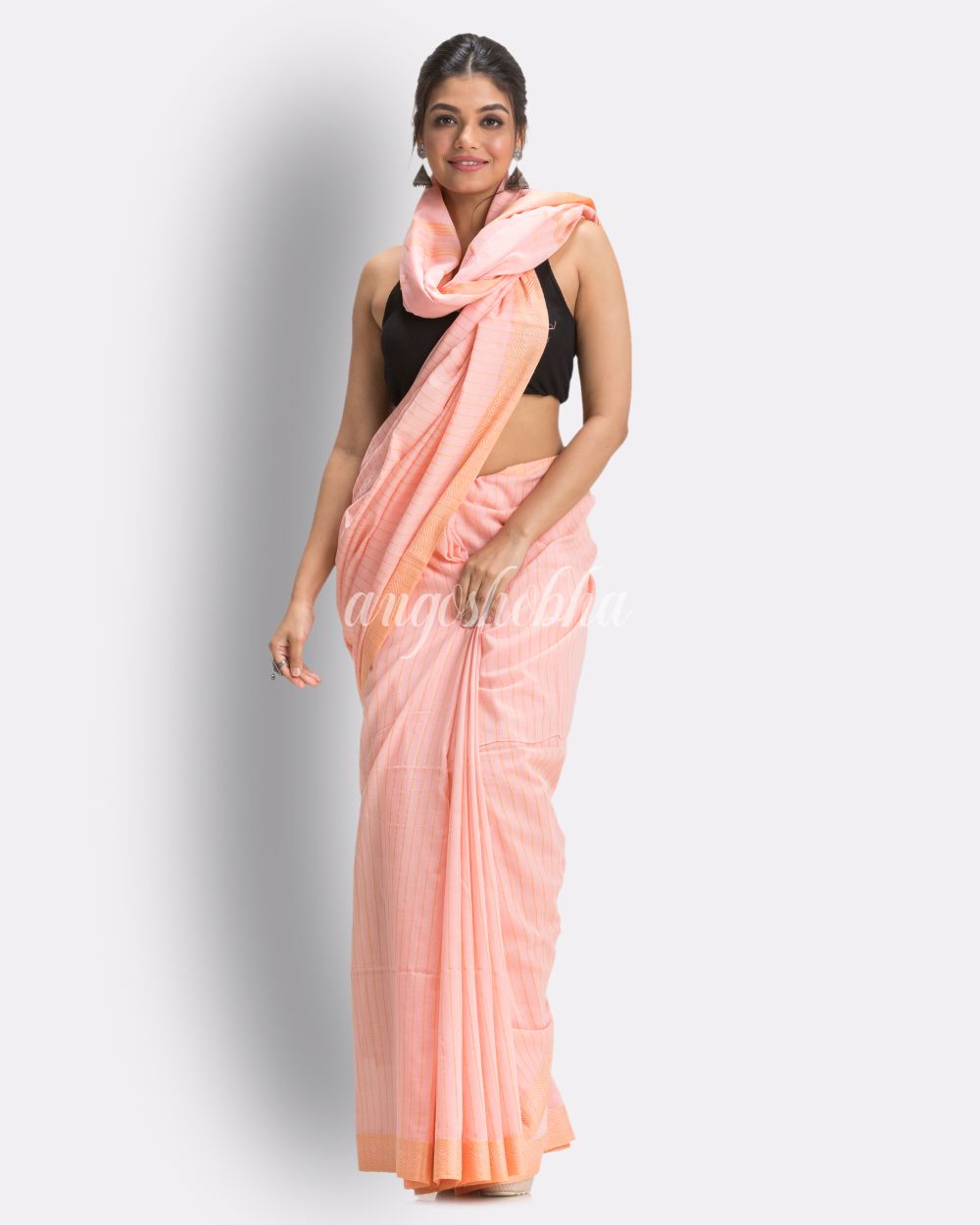 Salmon pink Handloom Traditional Cotton Tangail Saree angoshobha