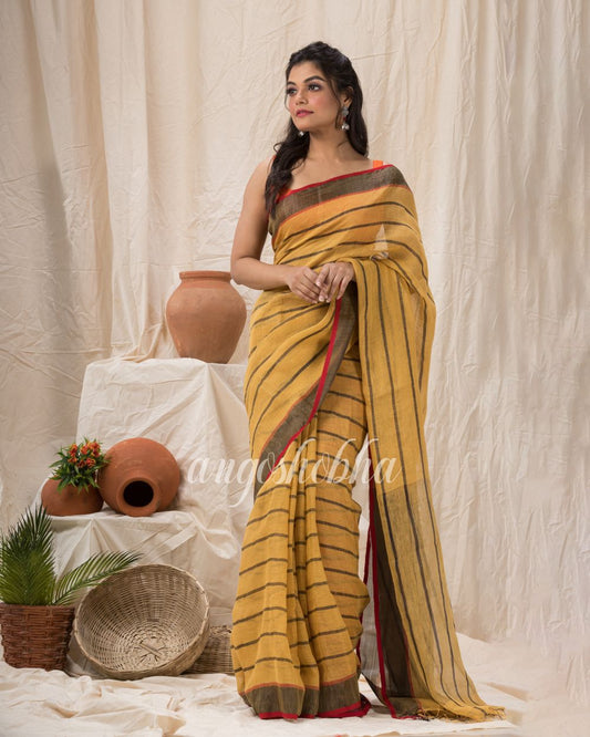 Sandy Brown Traditiona Linen Saree angoshobha