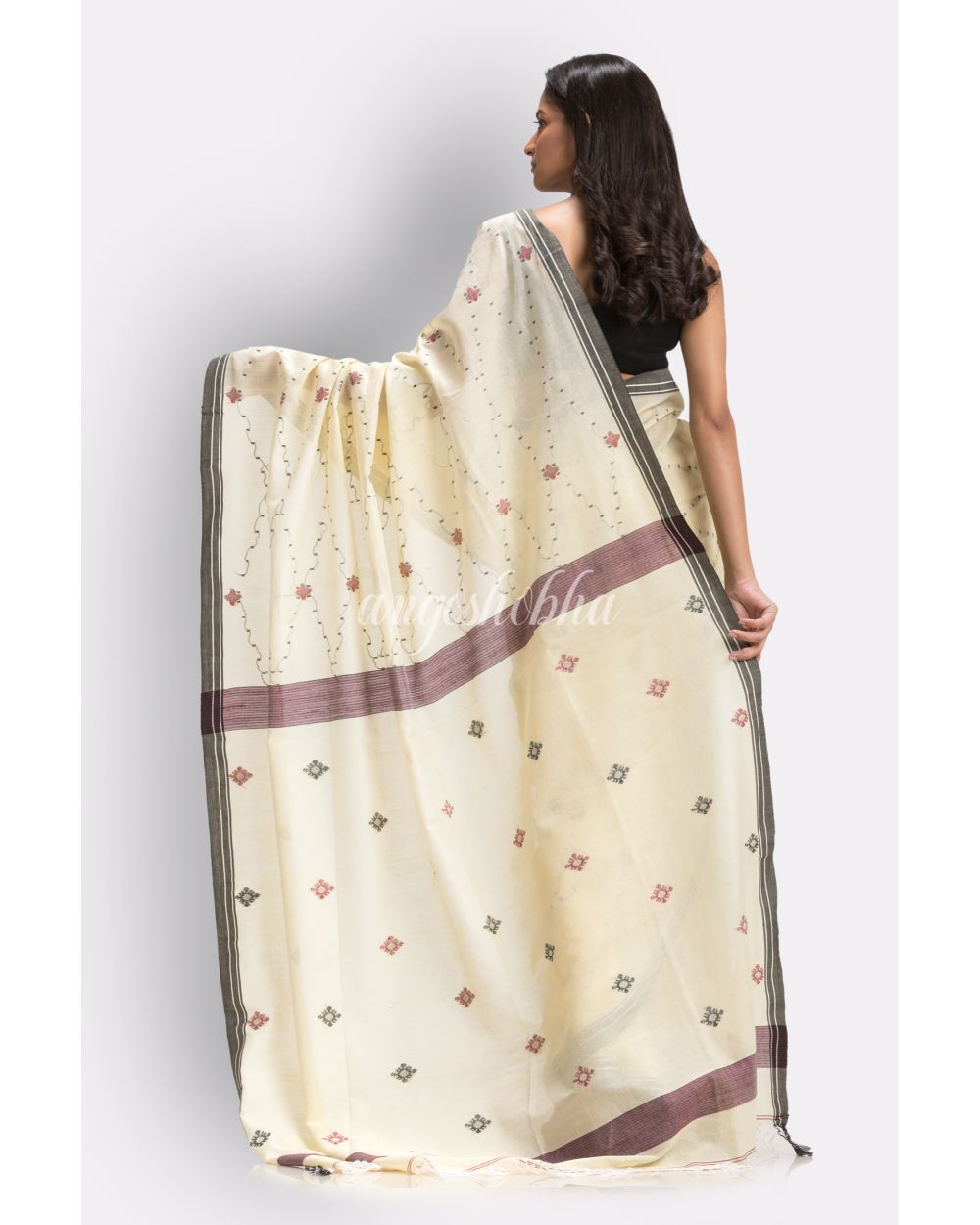 Sandy Tan Handloom Cotton Jamdani Saree angoshobha