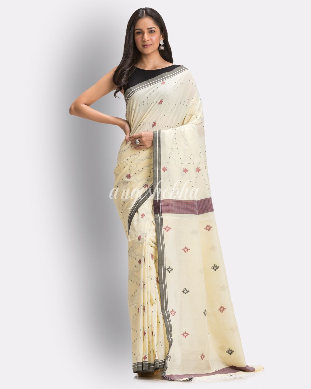 Sandy Tan Handloom Cotton Jamdani Saree angoshobha