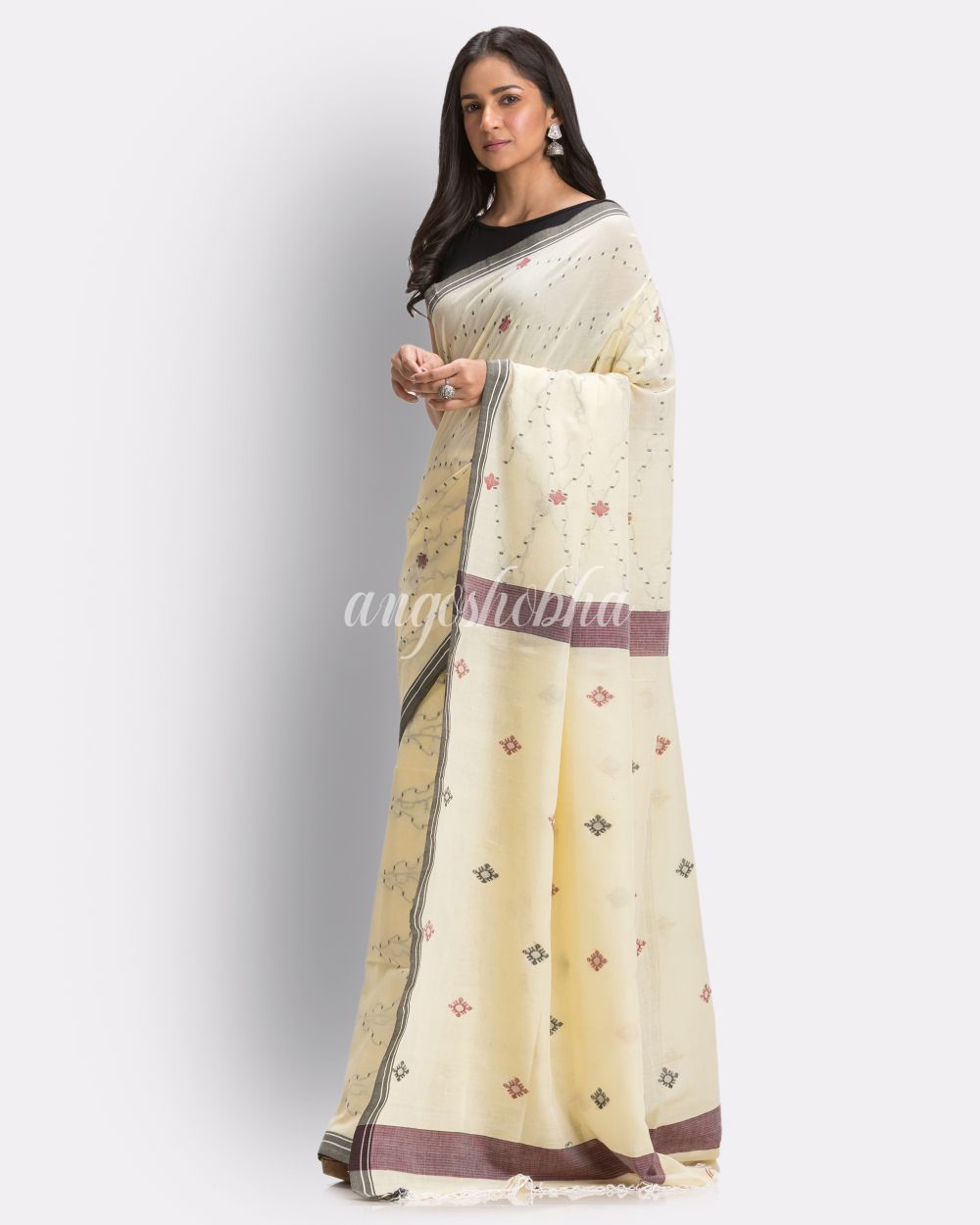 Sandy Tan Handloom Cotton Jamdani Saree angoshobha