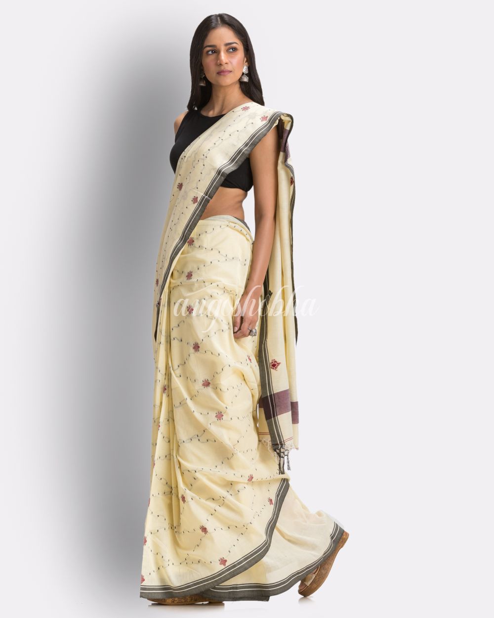 Sandy Tan Handloom Cotton Jamdani Saree angoshobha