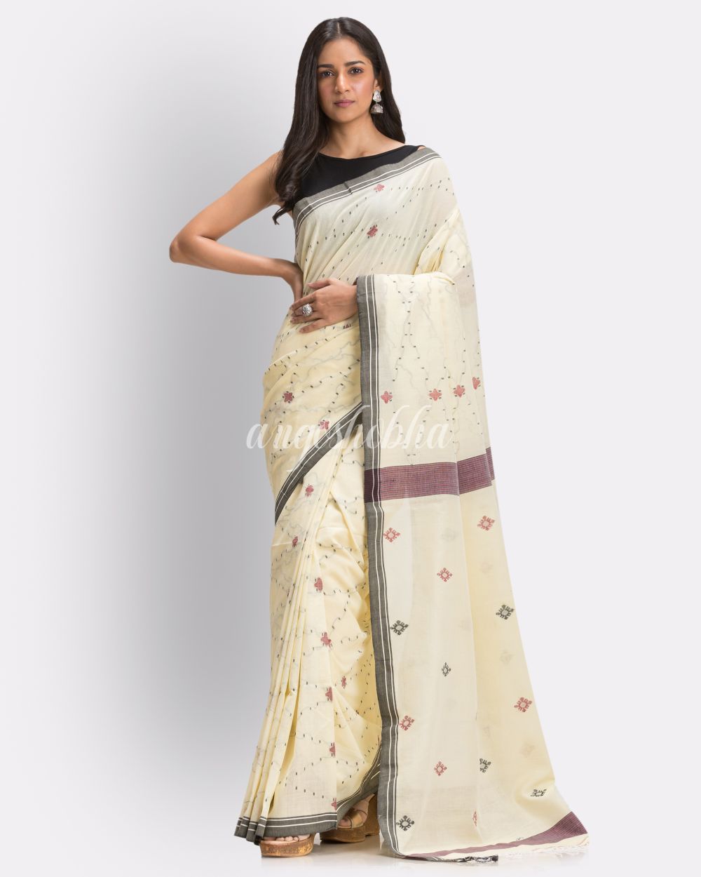 Sandy Tan Handloom Cotton Jamdani Saree angoshobha
