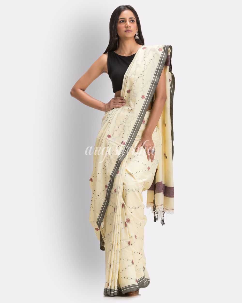 Sandy Tan Handloom Cotton Jamdani Saree angoshobha