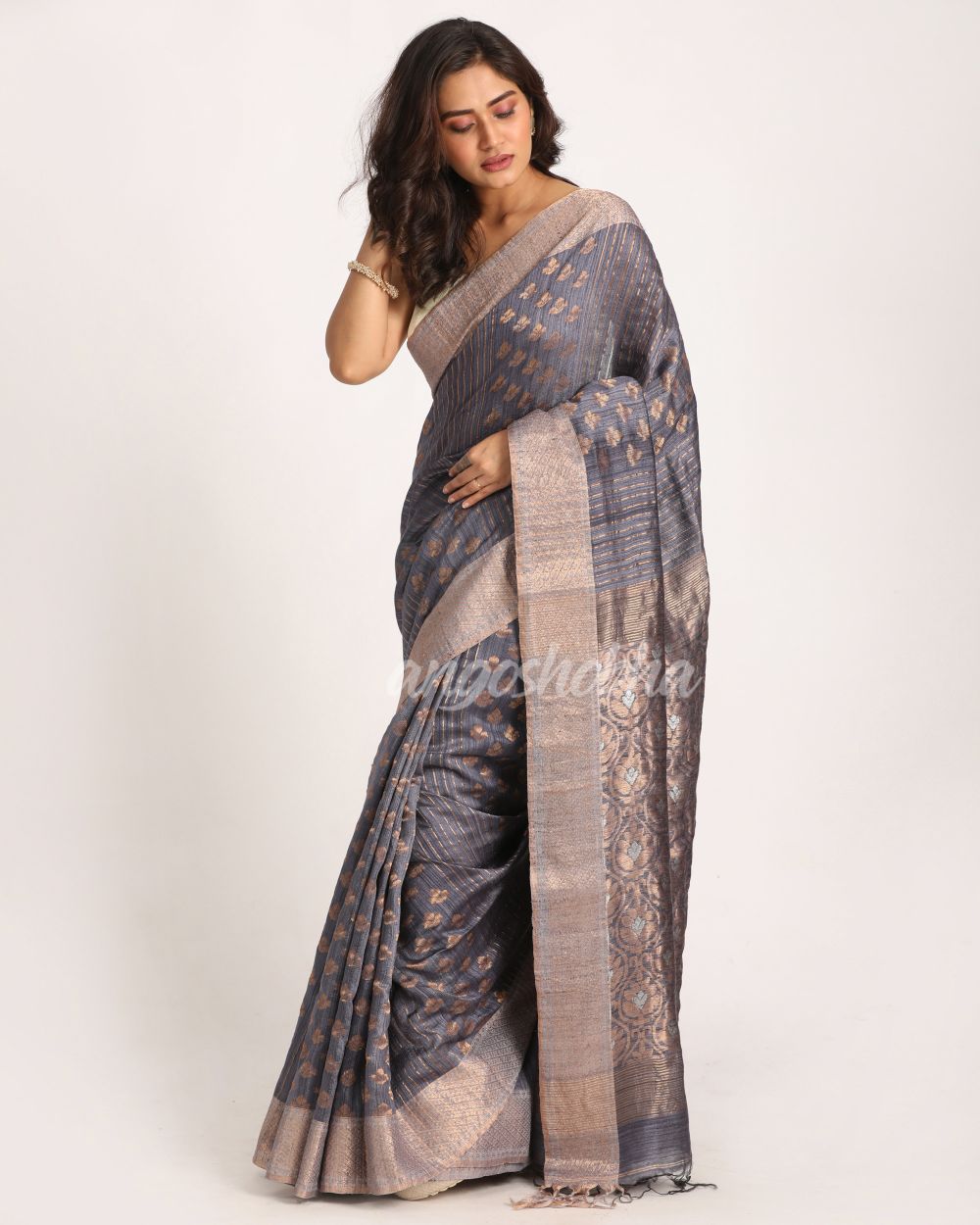 Sea Blue Handloom Traditional Tangail Matka Silk Saree angoshobha