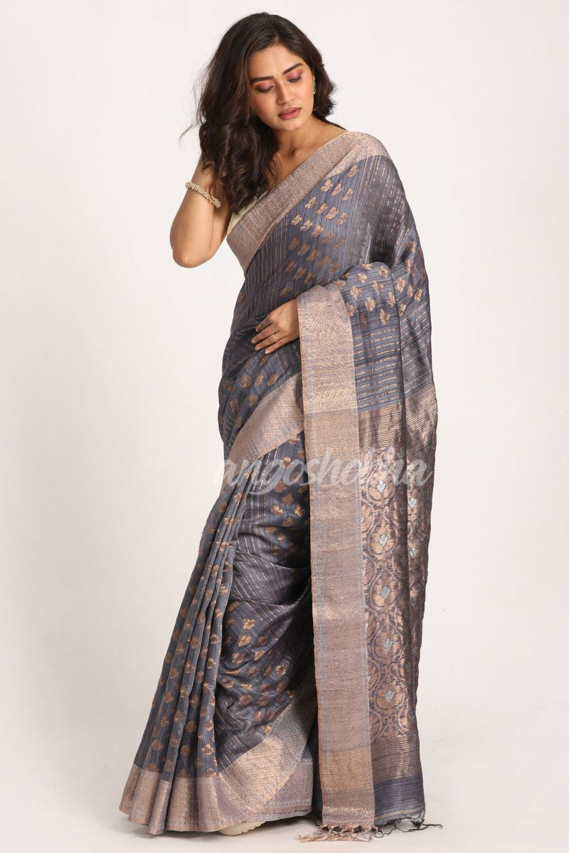 Grey Handloom Traditional Tangail Matka Silk Saree