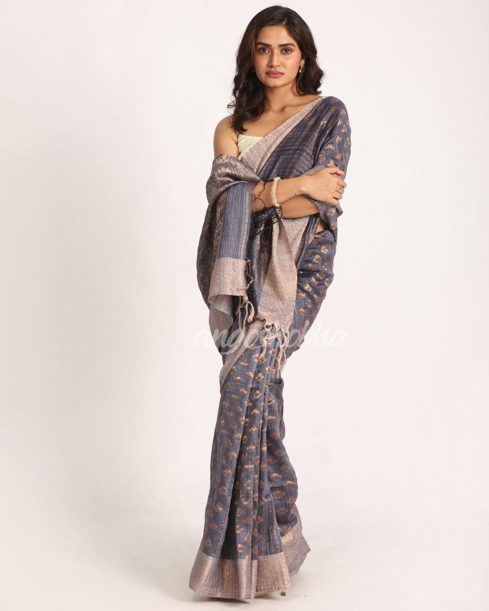 Sea Blue Handloom Traditional Tangail Matka Silk Saree angoshobha