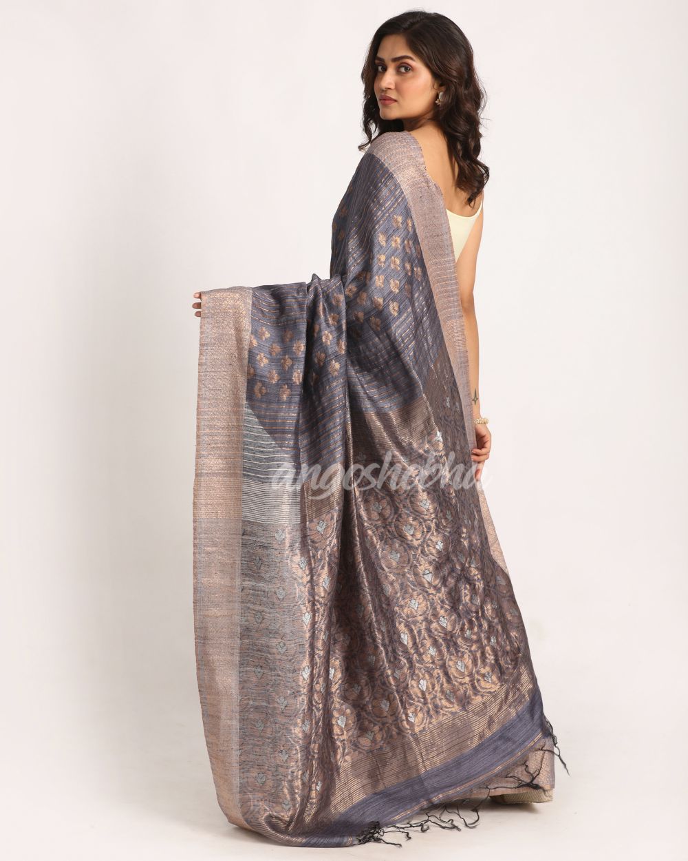 Sea Blue Handloom Traditional Tangail Matka Silk Saree angoshobha