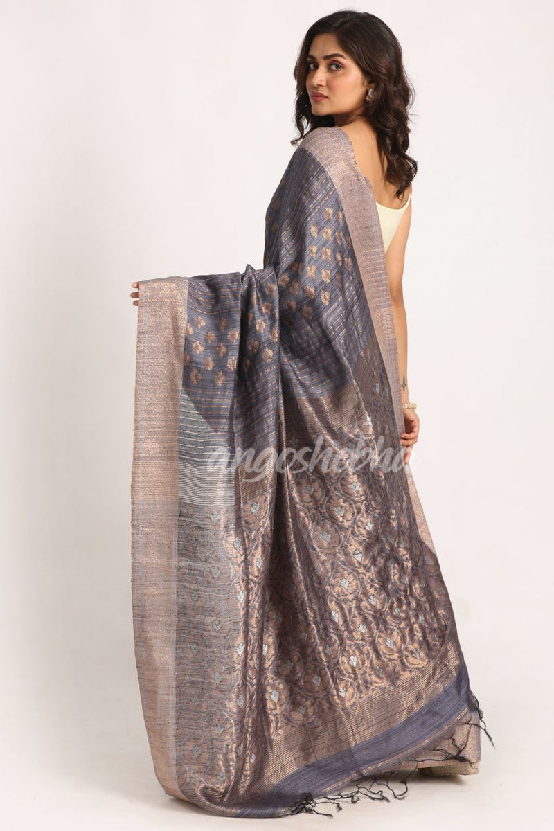 Grey Handloom Traditional Tangail Matka Silk Saree