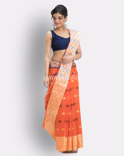 Self Ball Design Orange Tant Pure Cotton Saree angoshobha