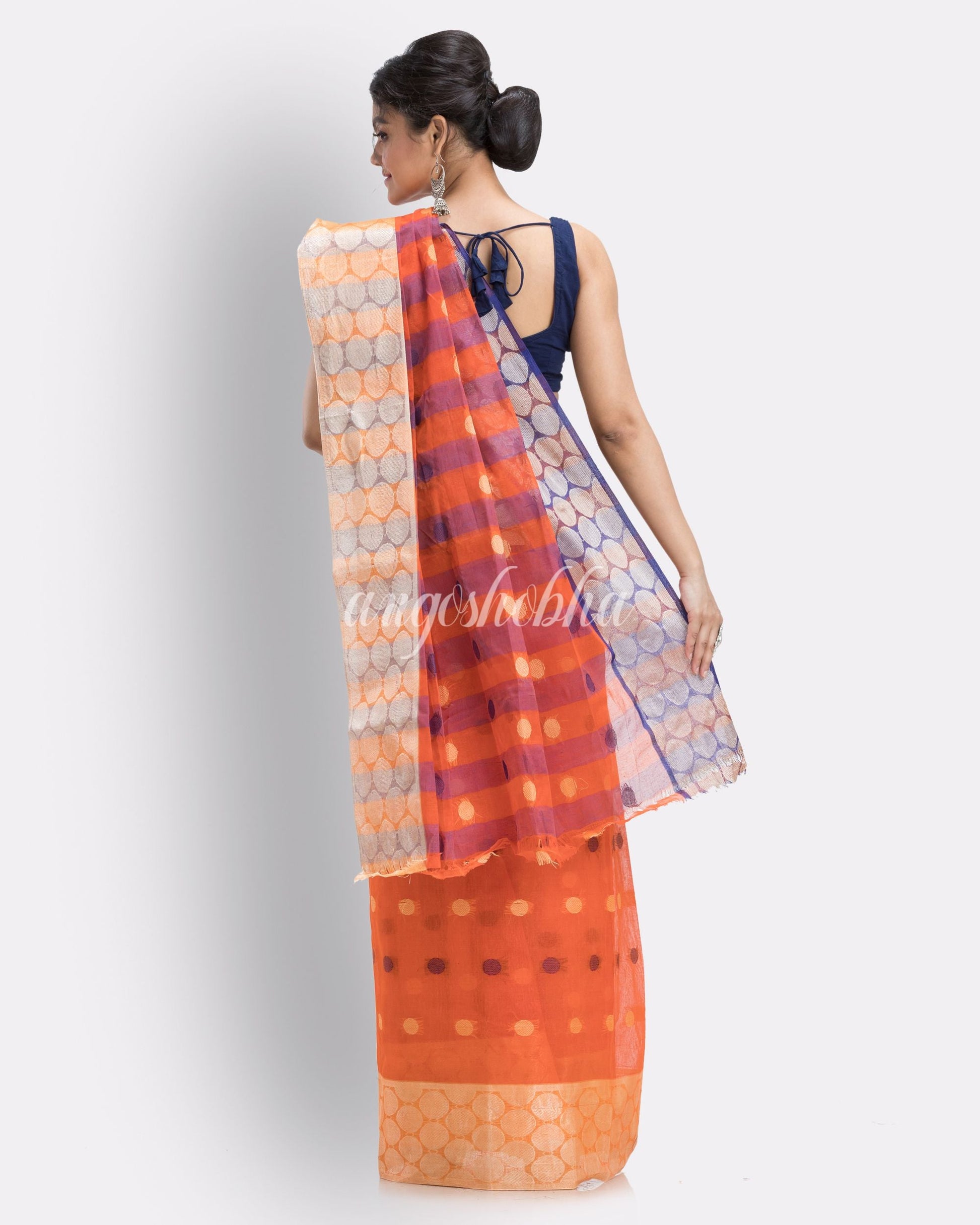 Self Ball Design Tant Pure Cotton Saree(Orange) angoshobha