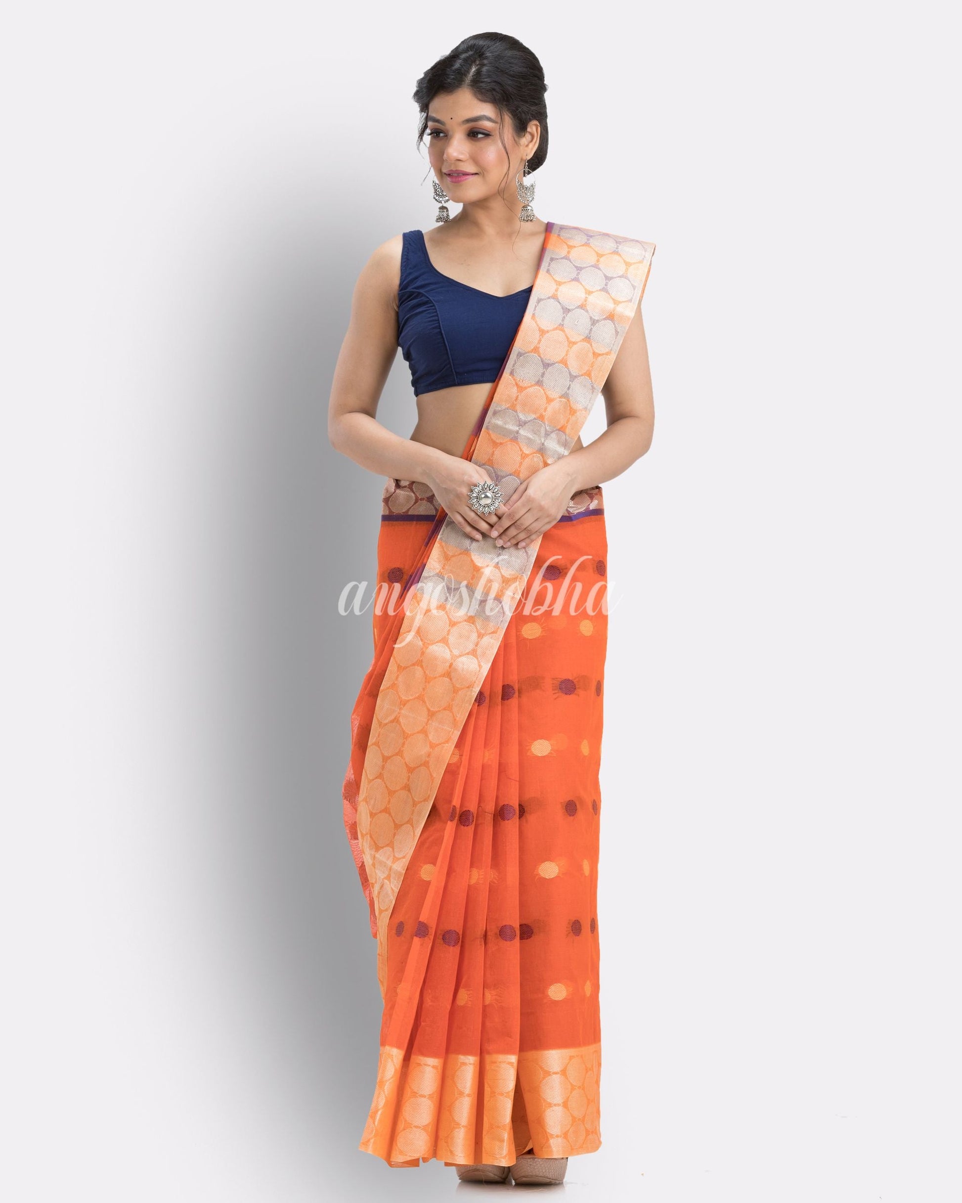 Self Ball Design Tant Pure Cotton Saree(Orange) angoshobha