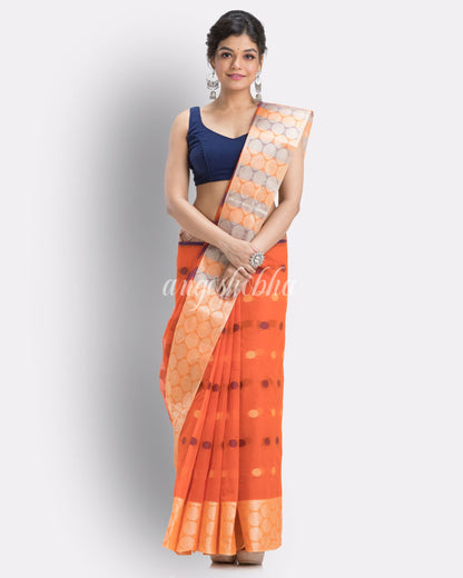 Self Ball Design Tant Pure Cotton Saree(Orange) angoshobha