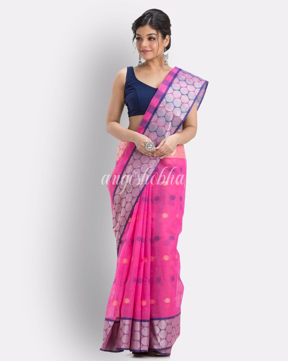Self Ball Design Tant Pure Cotton Saree(Pink) angoshobha