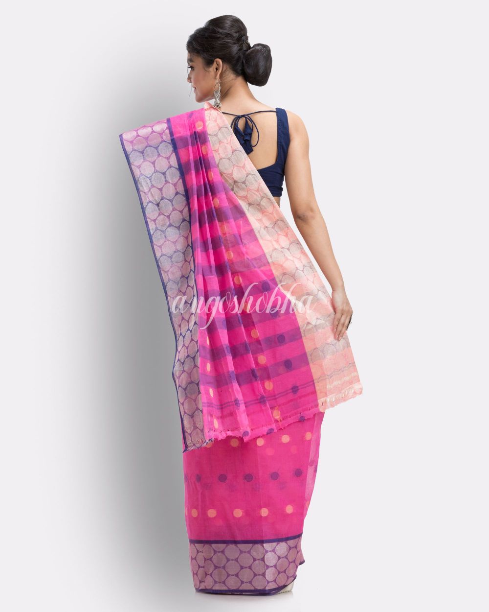 Self Ball Design Tant Pure Cotton Saree(Pink) angoshobha