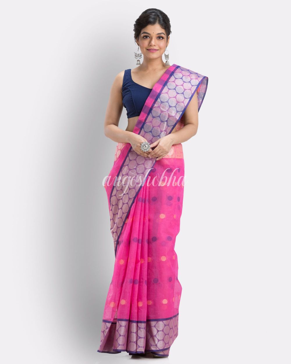 Self Ball Design Tant Pure Cotton Saree(Pink) angoshobha