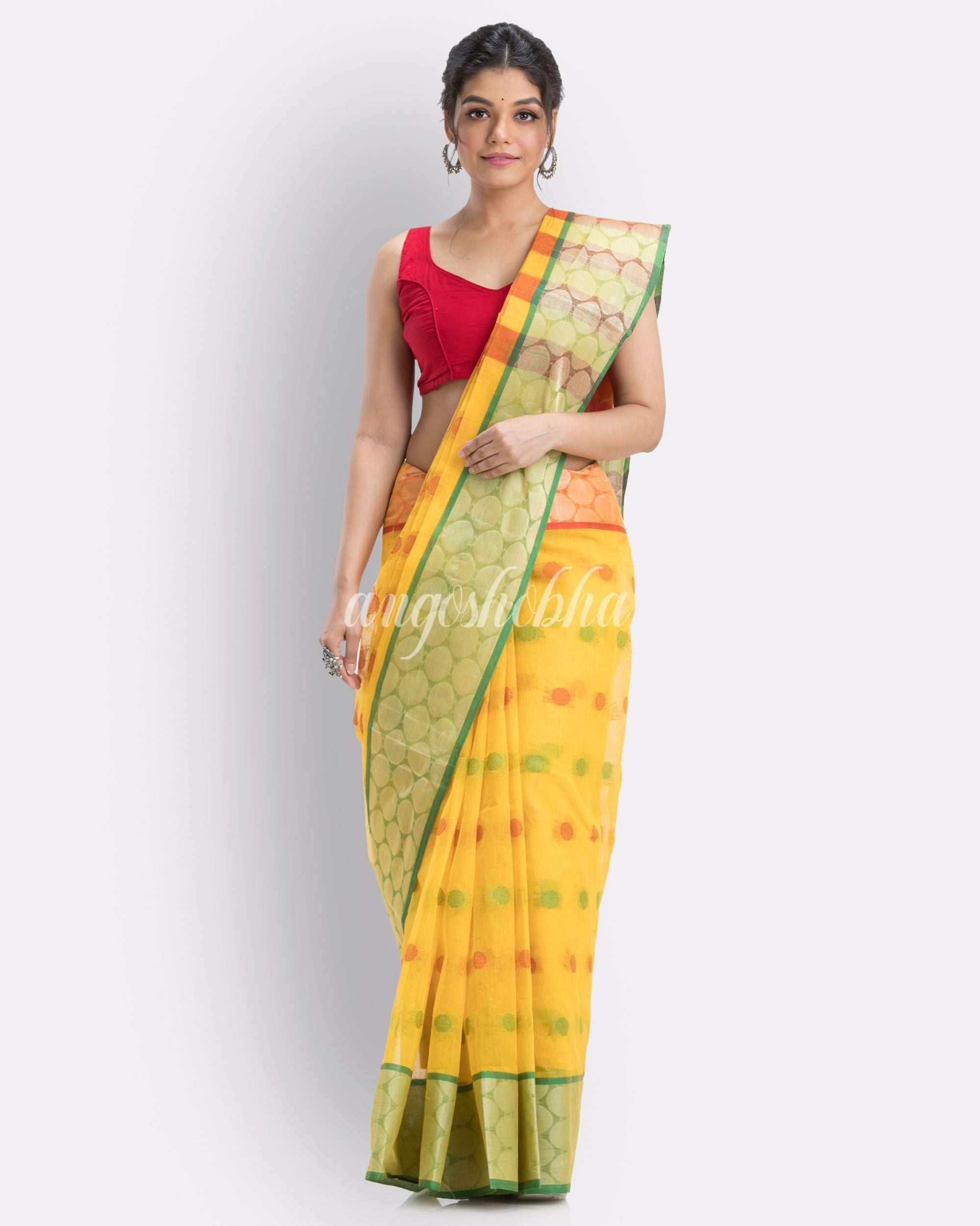 Self Ball Design yellow Tant Pure Cotton Saree