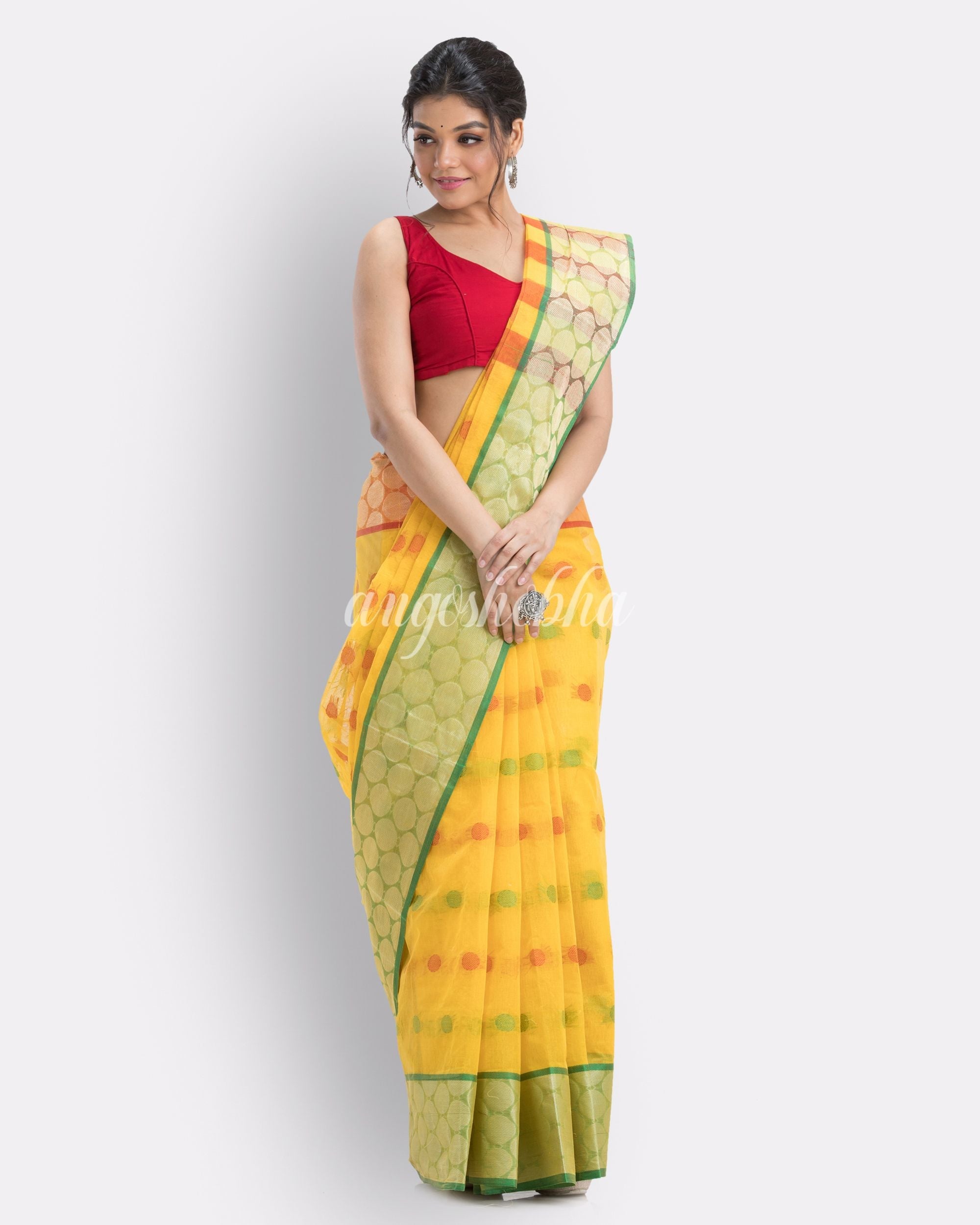 Self Ball Design Tant Pure Cotton Saree(Yellow) angoshobha