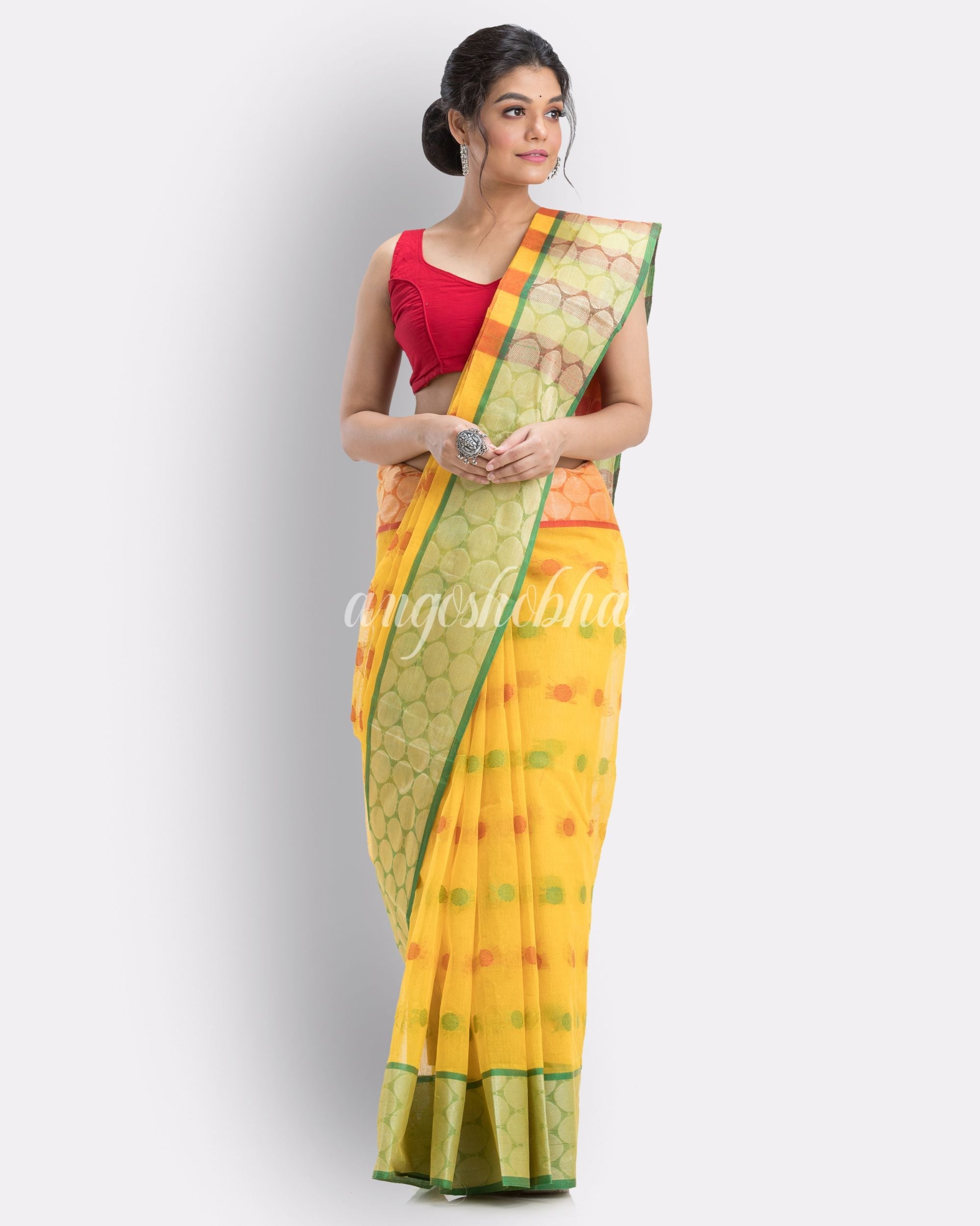 Self Ball Design Tant Pure Cotton Saree(Yellow) angoshobha