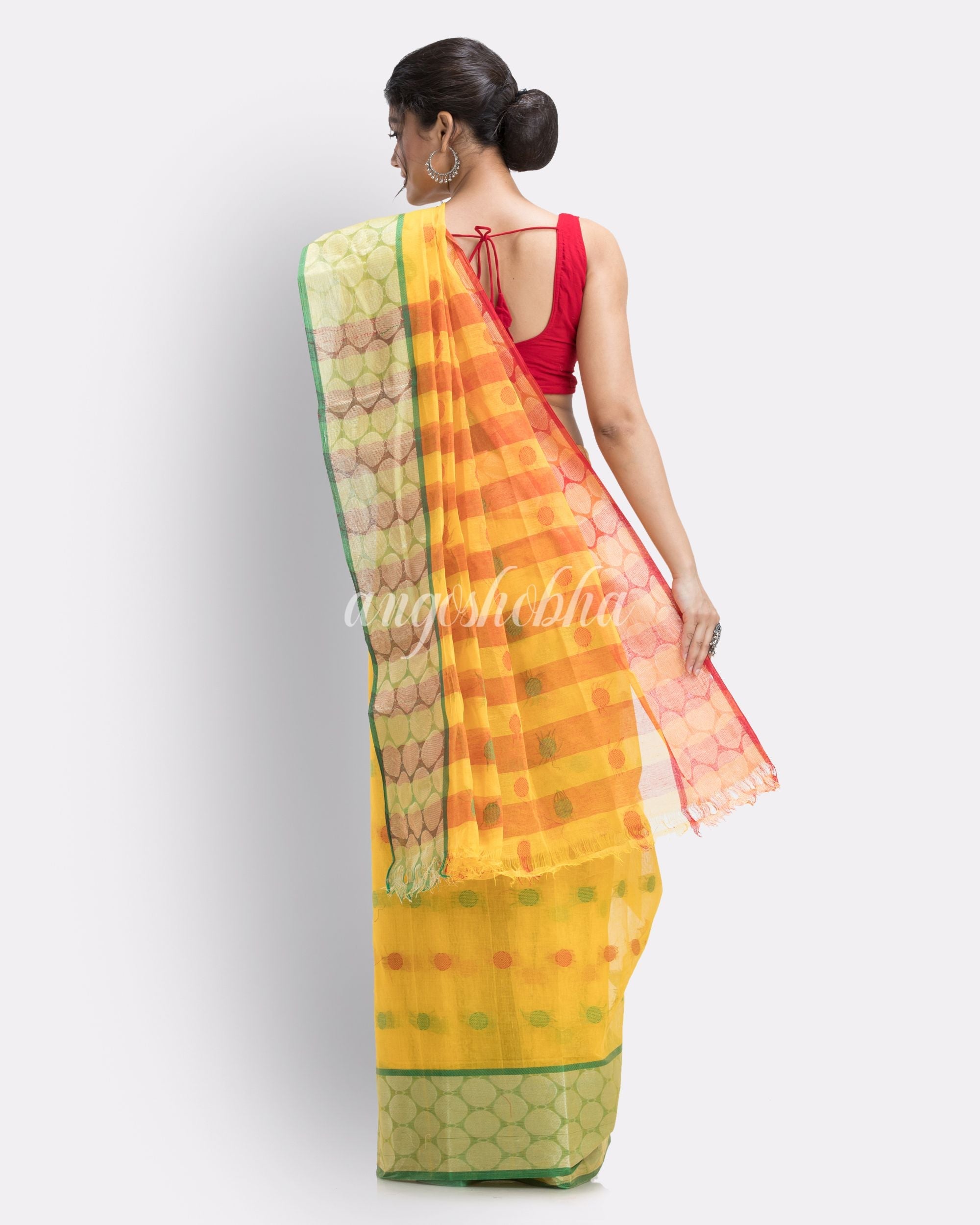 Self Ball Design Tant Pure Cotton Saree(Yellow) angoshobha