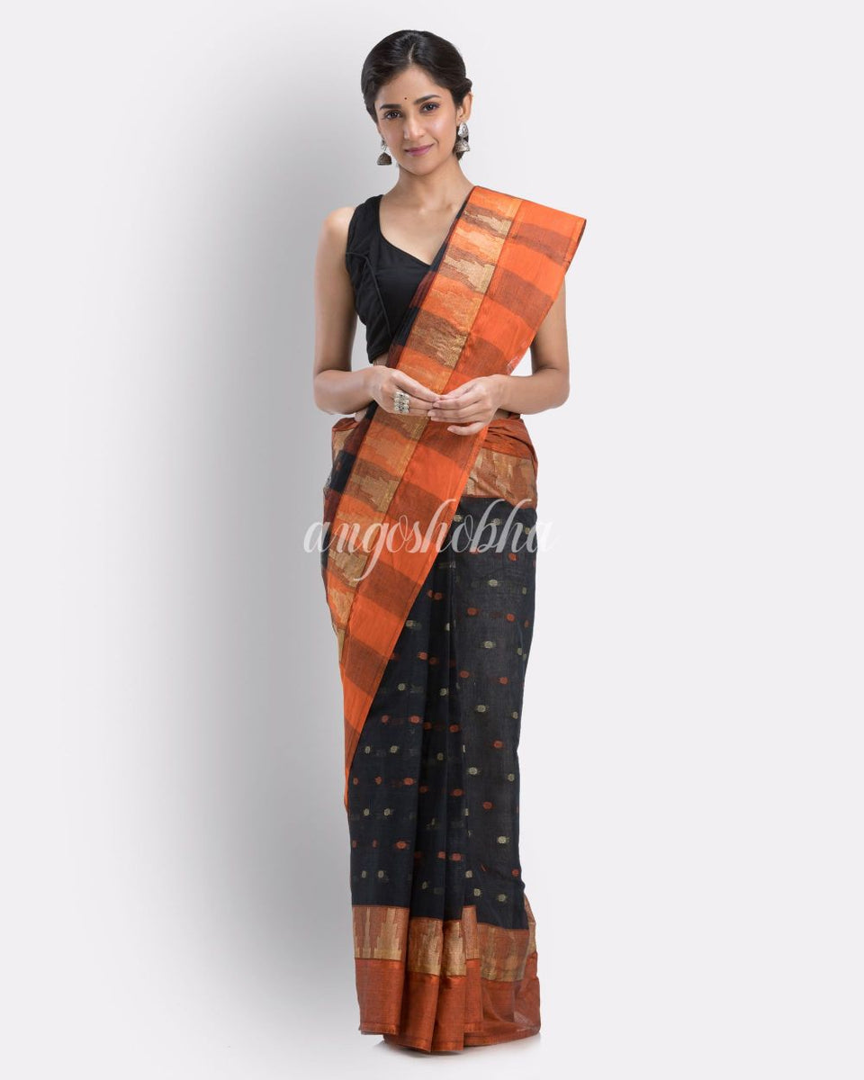 Self Temple Design Black Tant Pure Cotton Sare – angoshobha