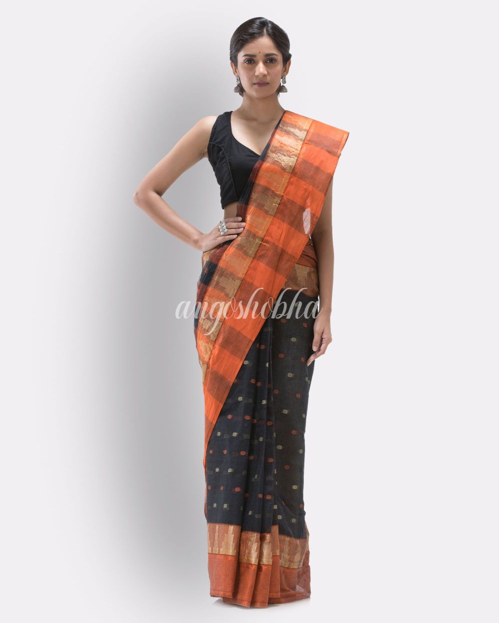 Self Temple Design Tant Pure Cotton Saree (Black) angoshobha