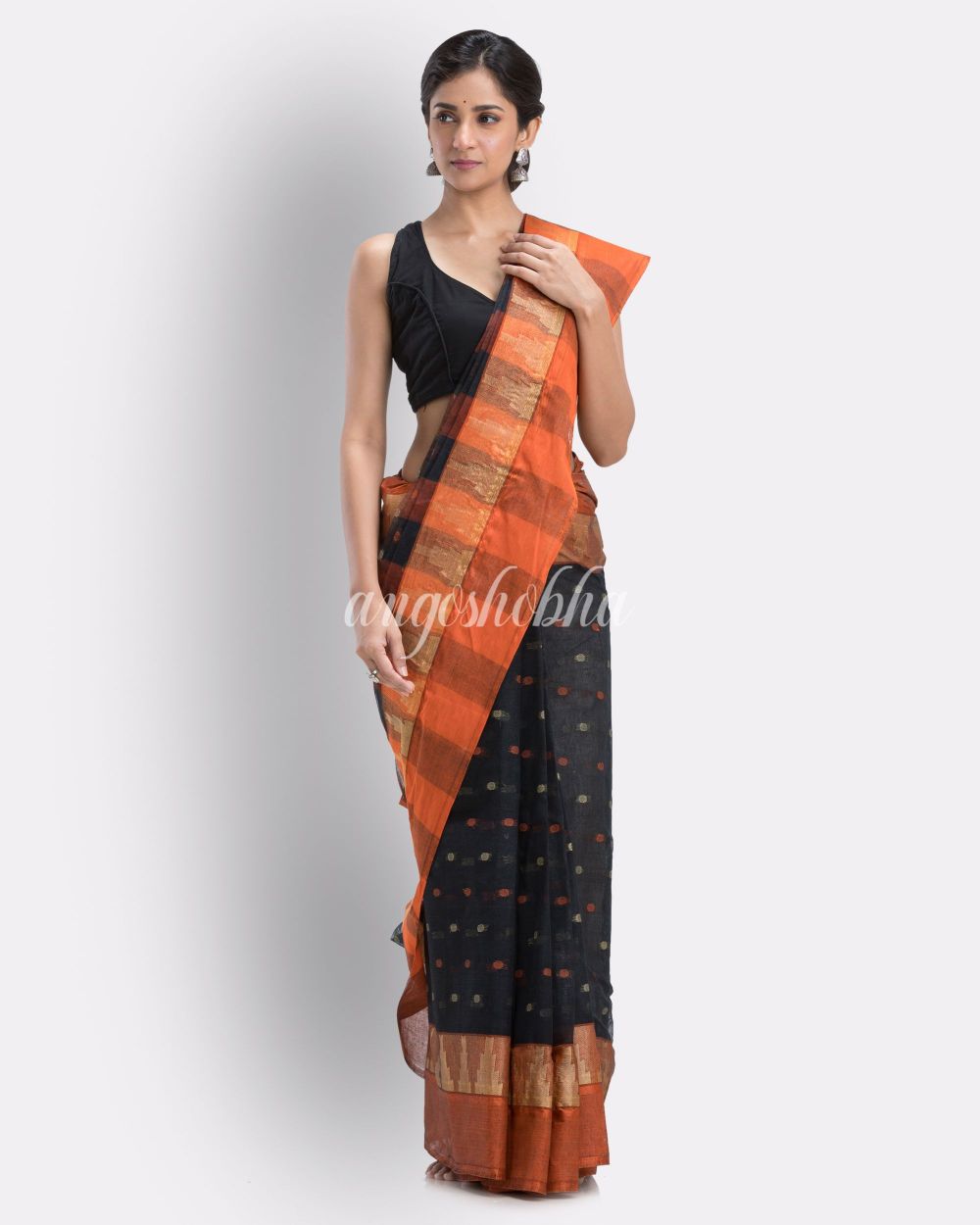 Self Temple Design Black Tant Pure Cotton Saree angoshobha